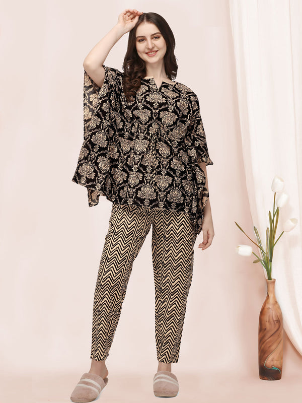 Women's Black And Beige Floral Printed Kaftan Night Suit Set - MESMORA FASHION