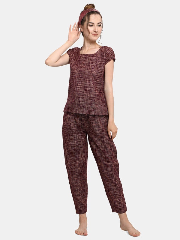 Women's Deep wine Cotton night suit set  - MESMORA FASHIONS