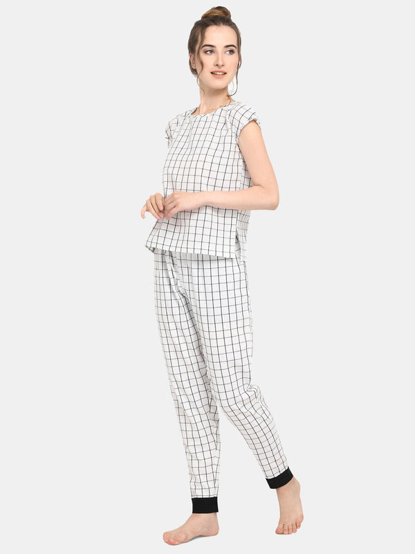 Women's white checkered cotton short night suit  - MESMORA FASHIONS