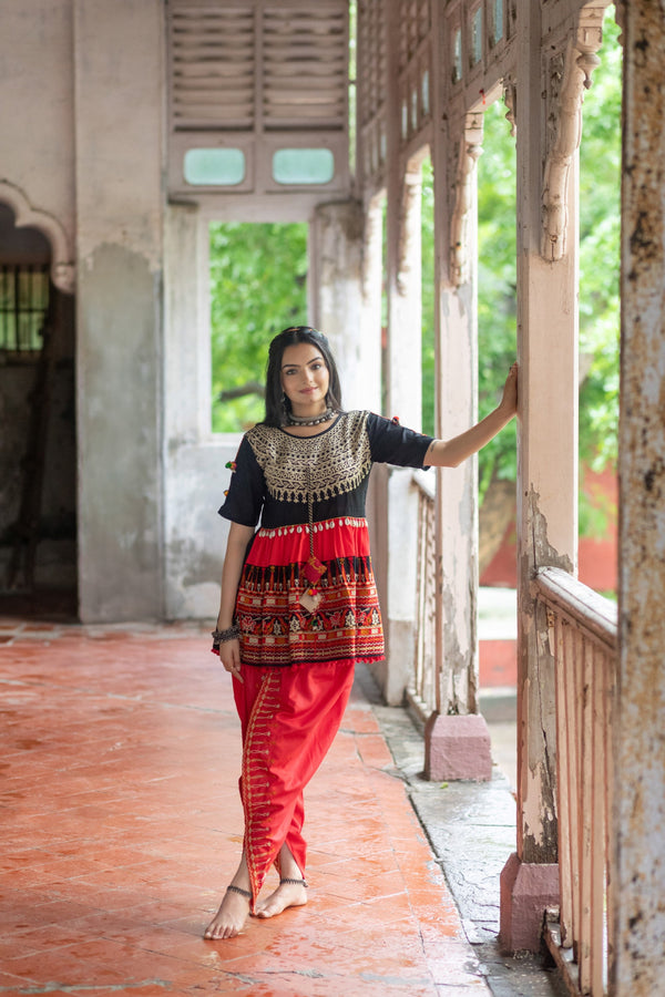 Women's Black Embroidered Navratri Kedia With Red Tulip Pant - Mesmora Fashion