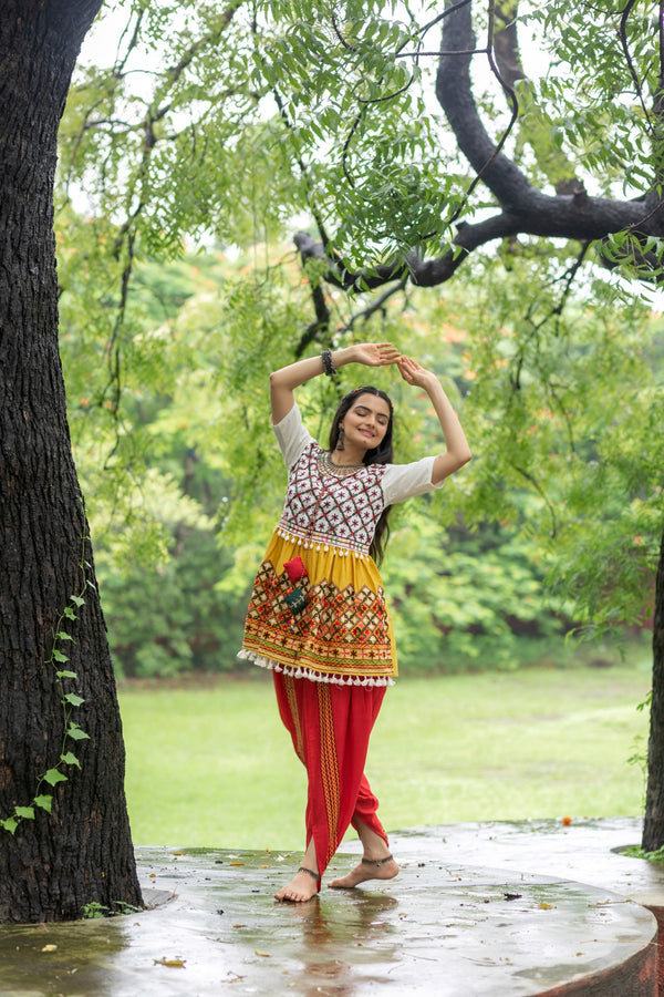 Women's Off-White Embroidered Navratri Kedia With Red Tulip Pant - Mesmora Fashion