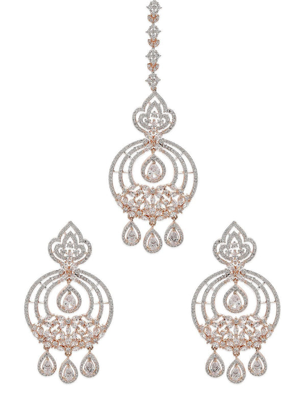 Women's Rose Gold-Plated American Diamond Studded Chandbali style MaangTikka And Earrings Set - Priyaasi