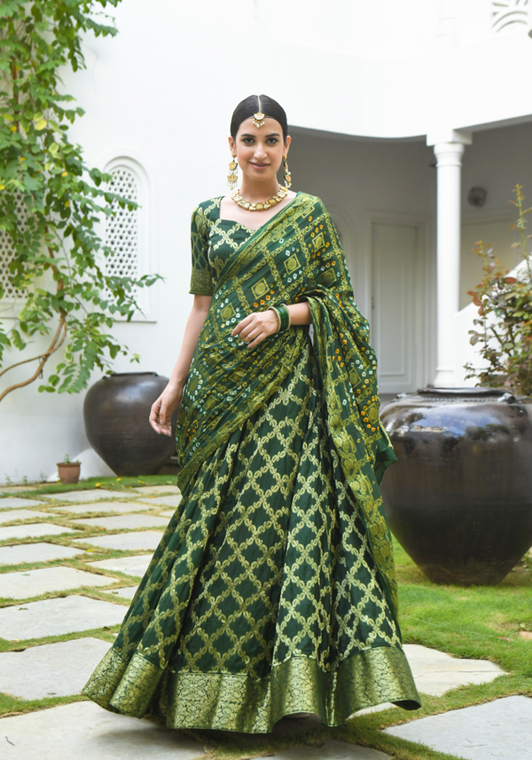 Women's Banarsi Green Bandhani Lehenga 3(Pc) - Saras The Label