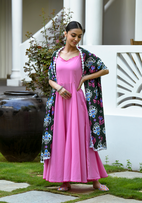 Women's Pink Suit Set With Patola Dupatta (3Pc) - Saras The Label