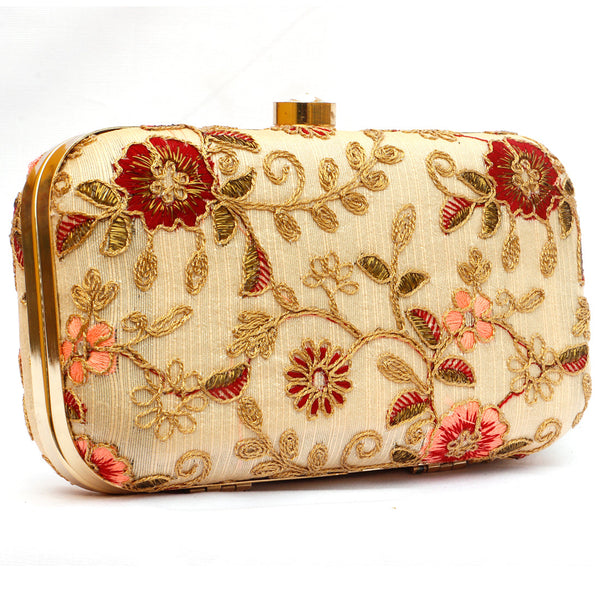 Women's Beige Color tulle Embroidered Faux Silk Clutch - VASTANS