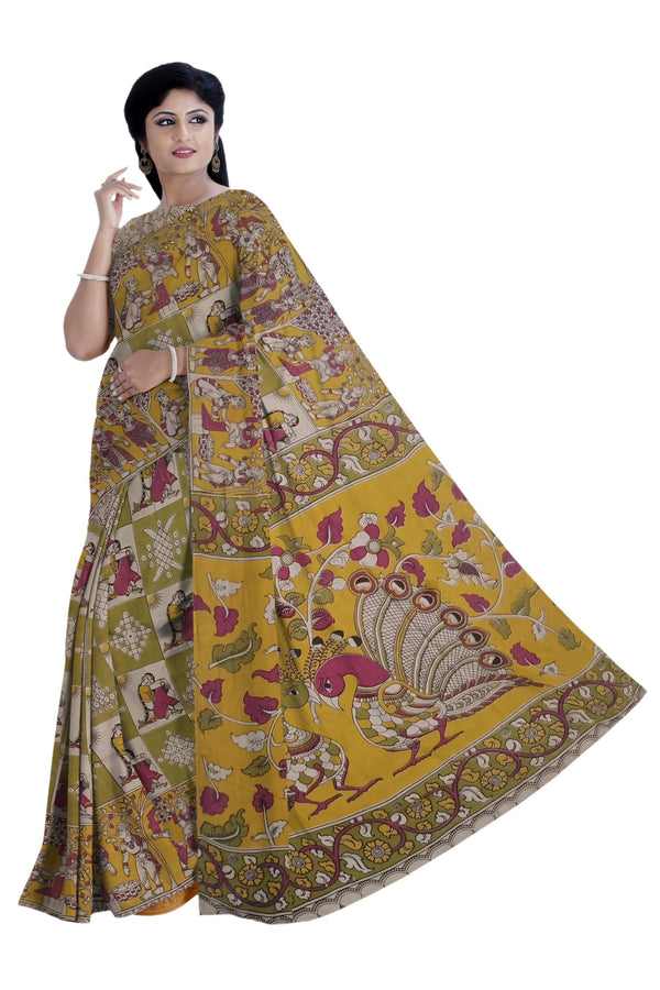 Women's Pedna Kalamkari Hand Printed Mulmul Cotton Saree - Manohara