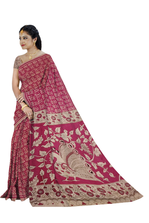 Women's Pedna Kalamkari Hand Printed Mulmul Cotton Saree - Manohara