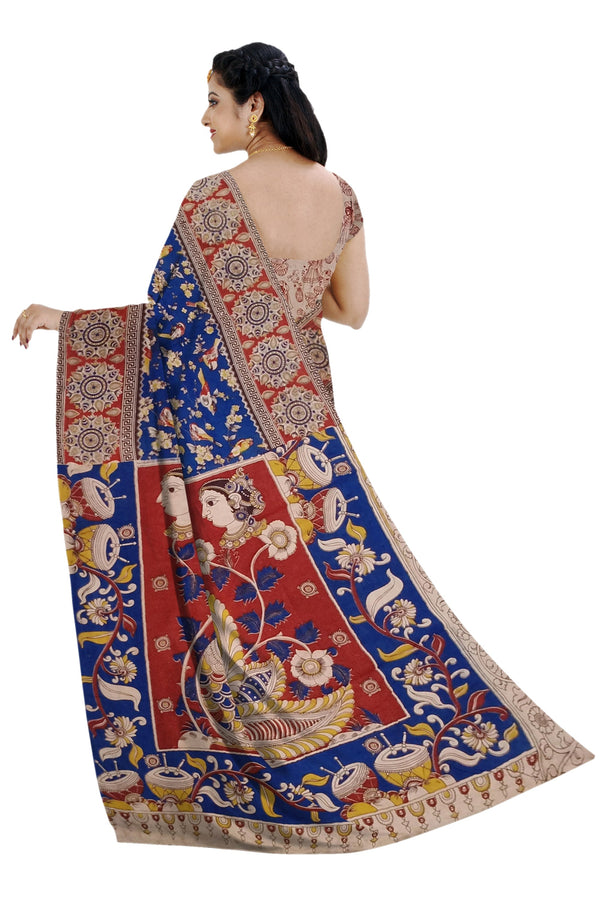 Women's Pedna Kalamkari Hand Printed Mulmul Cotton Saree - Manohara