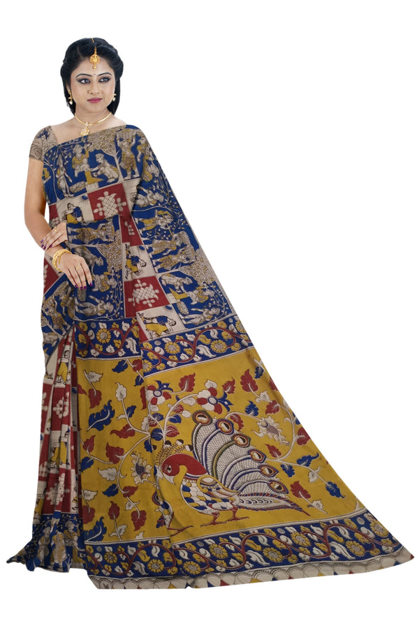 Women's Pedna Kalamkari Hand Printed Mulmul Cotton Saree - Manohara