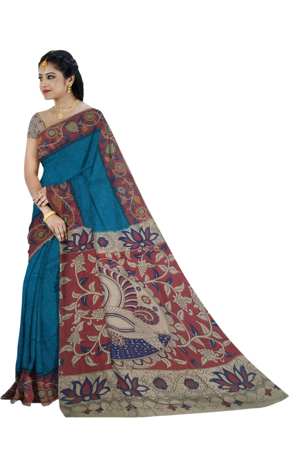 Women's Pedna Kalamkari Hand Printed Mulmul Cotton Saree - Manohara