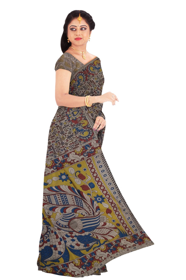 Women's Pedna Kalamkari Hand Printed Mulmul Cotton Saree - Manohara