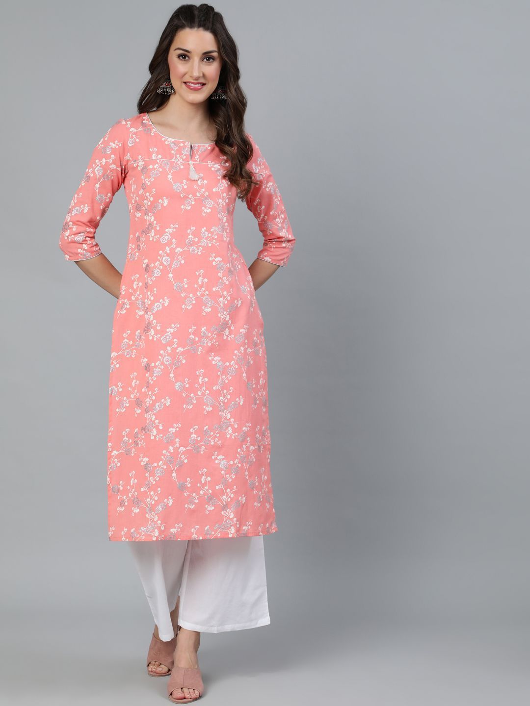 Women's Peach Khari Printed Straight Kurta - AKS