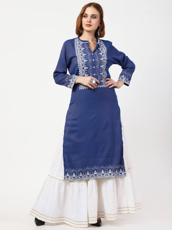 Women's Blue Viscose Rayon Hand Block Print Straight Kurta Only - Cheera