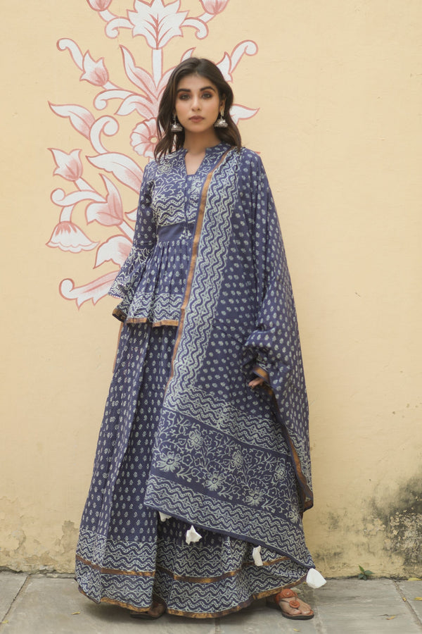 Women's Navy Blue Lehenga With Peplum Top And Dupatta - Saras The Label