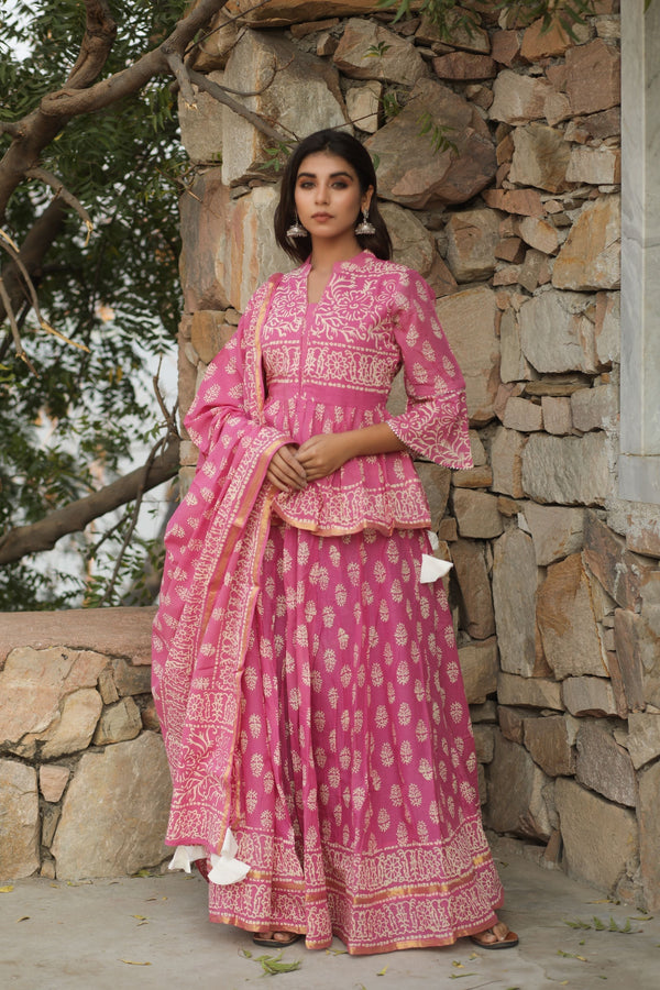 Women's Pink Lehenga With Peplum Top And Dupatta - Saras The Label