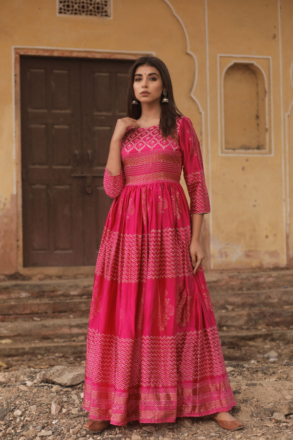 Women's Pink Handblock Printed Gown - Saras The Label