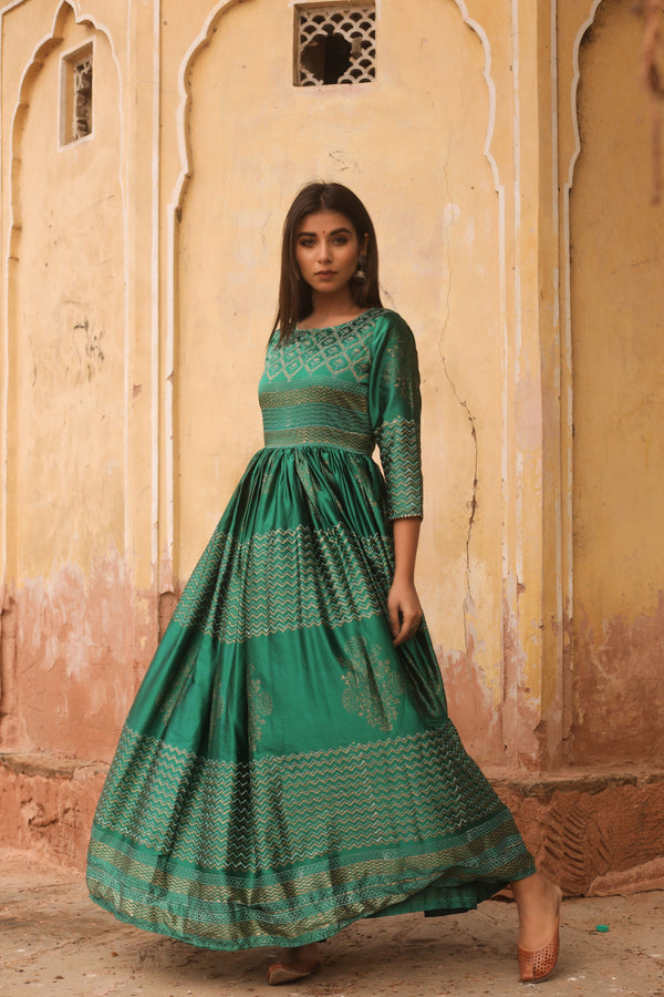 Women's Green Handblock Printed Gown - Saras The Label