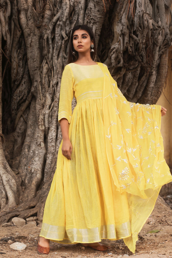 Women's Yellow Hand Gota Work Gown With Dupatta - Saras The Label