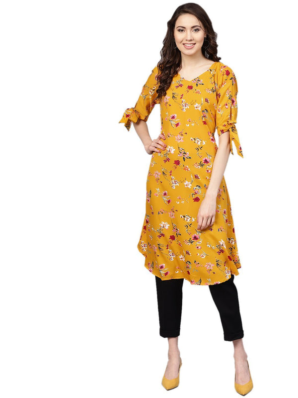 Women Yellow Printed Kurti Only by Myshka (1 Pc Set)