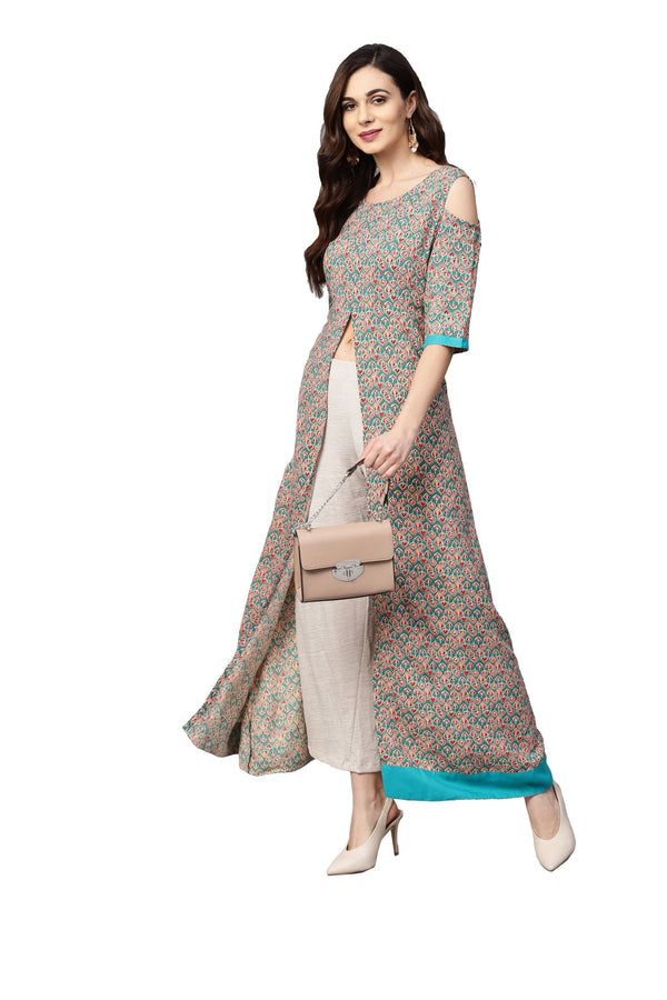 Women's Grey Rayon Printed 3/4 Sleeve Round Neck Casual Kurta Only - Myshka