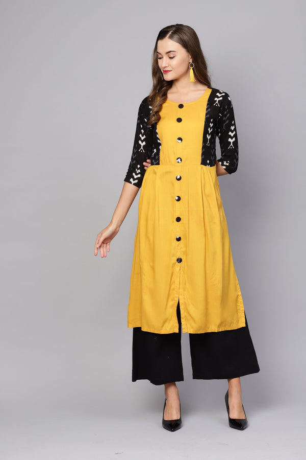 Women's Yellow Rayon Solid 3/4 Sleeve Round Neck Casual Kurta Only - Myshka