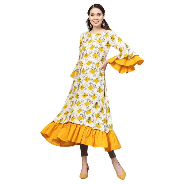 Women's Yellow Rayon Printed Balloon Sleeve Round Neck Casual Kurta Only - Myshka