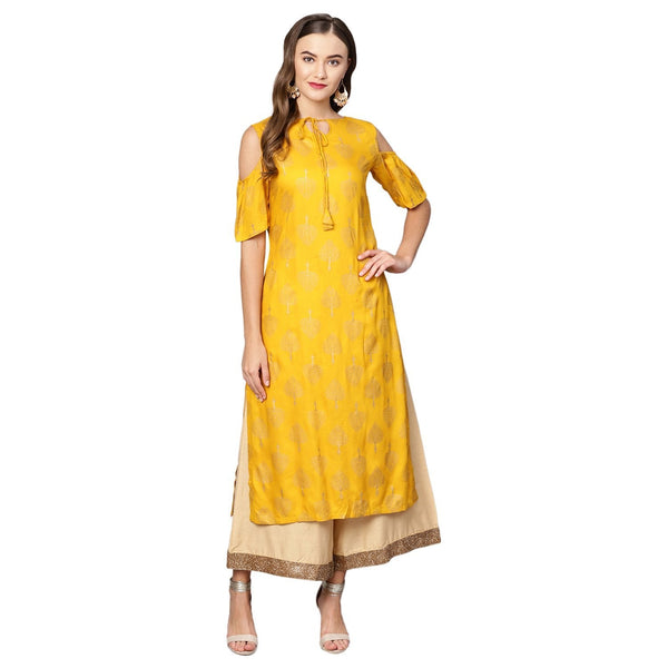 Women's Yellow Rayon Printed Short Sleeve Round Neck Casual Kurta Only - Myshka