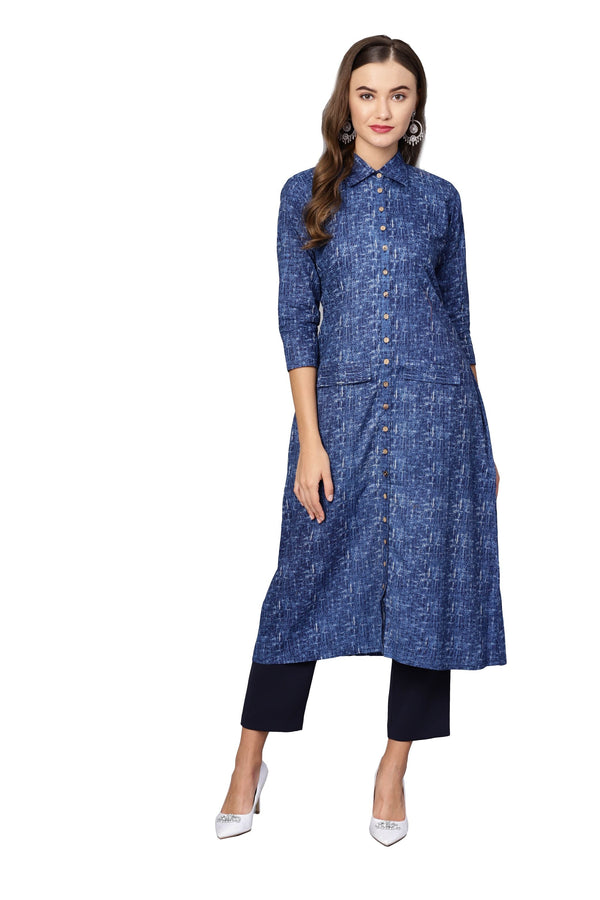 Women's Dark Blue Cotton Printed 3/4 Sleeve Collared Neck Casual Kurta Only - Myshka