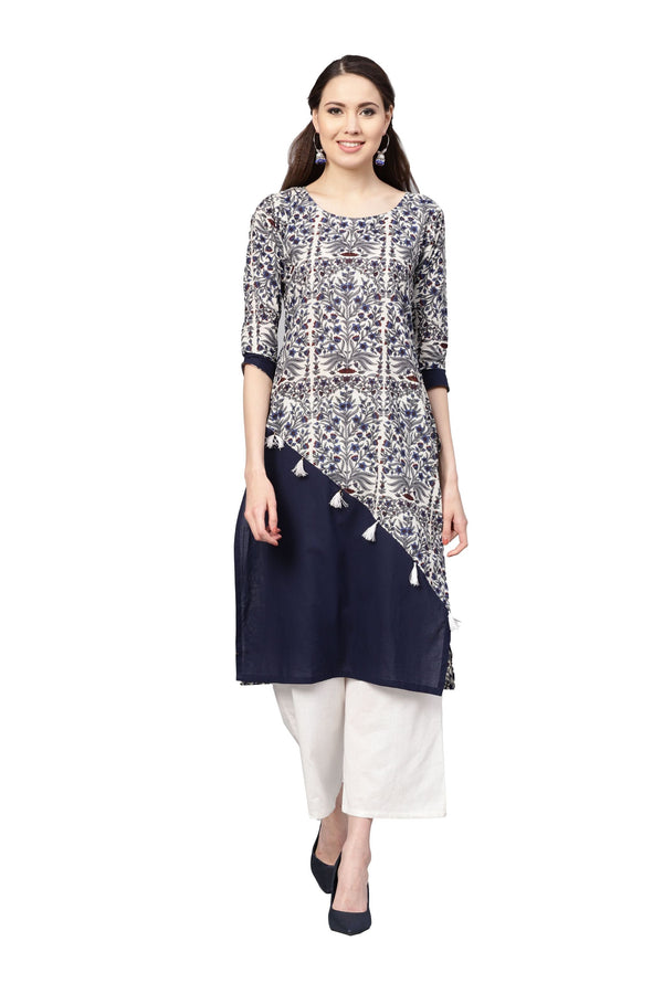 Women's Grey Cotton Printed 3/4 Sleeve Round Neck Casual Kurta Only - Myshka