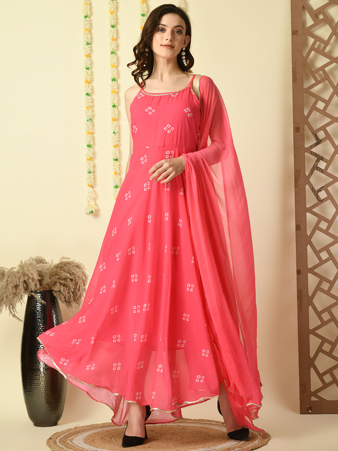 Pink Georgette Sleeveless Flayered Party  Kurta With Dupatta Set - Myshka