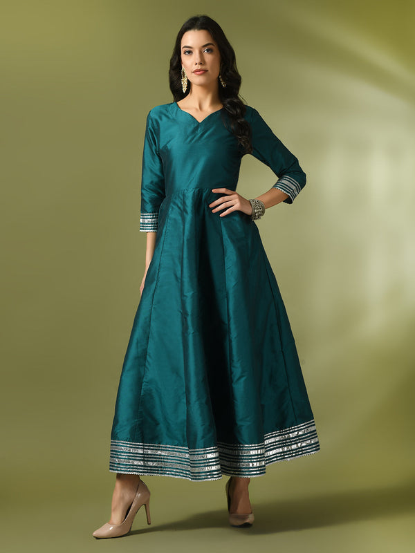 Women's  Teal Solid Silk Anarkali Party Kurta - Myshka