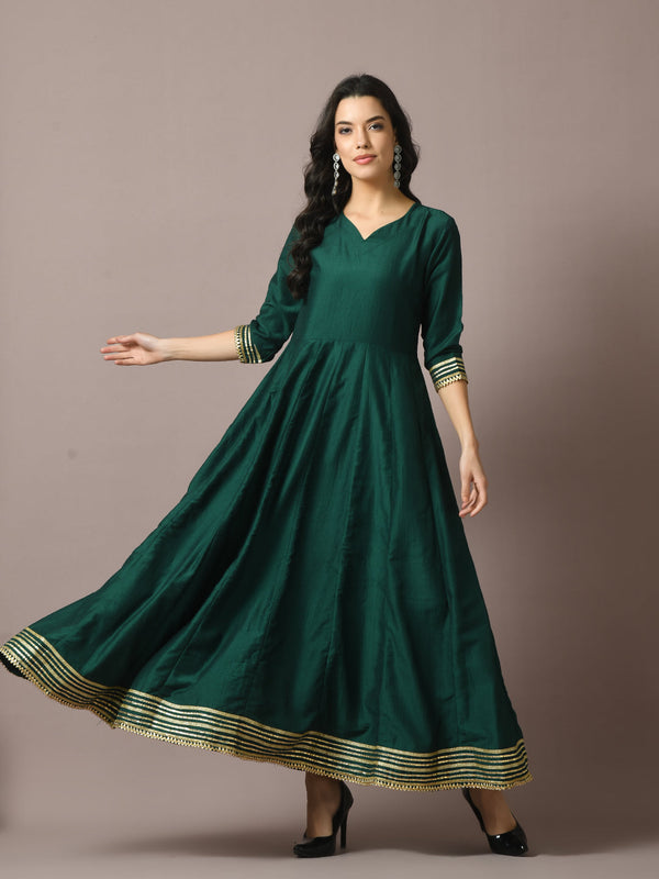 Women's  Green Solid Silk Anarkali Party Kurta - Myshka