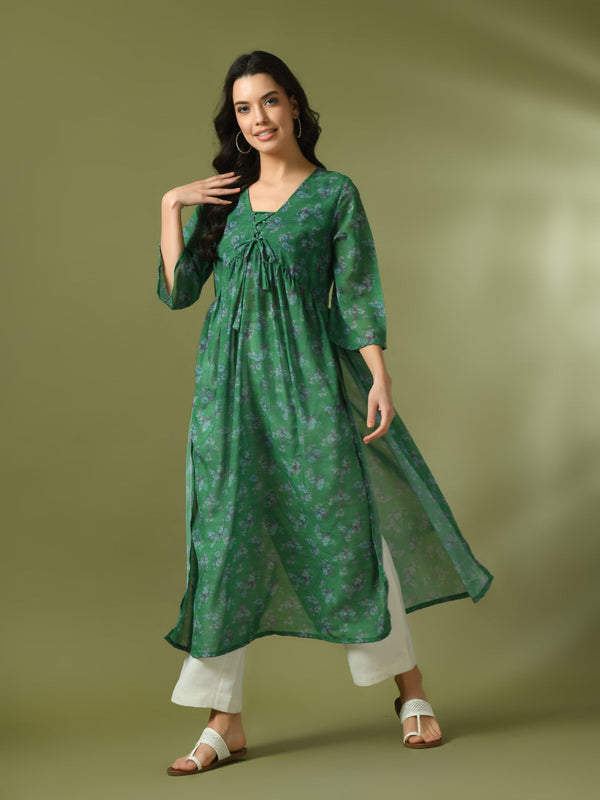 Women's  Green Printed Georgette A-Line Nyra-Cut Kurta  - Myshka