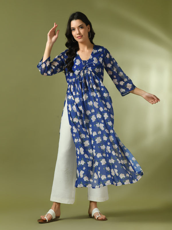 Women's  Blue Printed Georgette A-Line Nyra-Cut Kurta  - Myshka