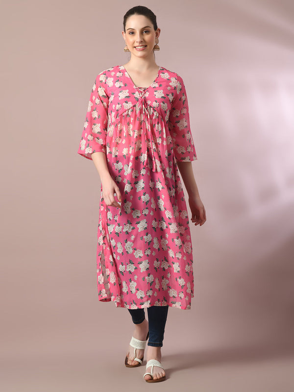 Women's  Pink Printed Georgette A-Line Nyra-Cut Kurta  - Myshka