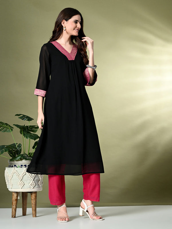 Women's Black Georgette Solid Kurta - Myshka