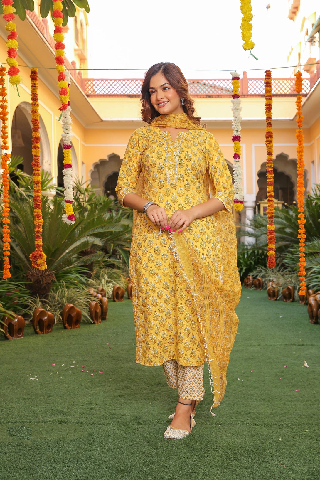 Women's Yellow Printed Viscose Rayon Kurta, Pant And Dupatta Set - Alvami