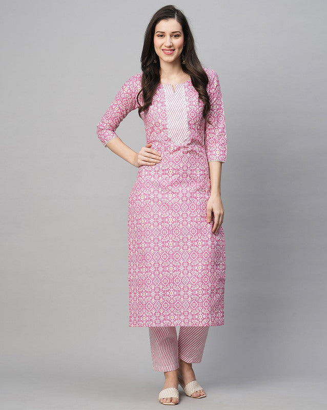 Women's Printed Pink Cotton Blend Kurta Pant Set - Navyaa