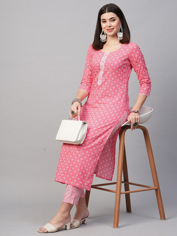 Women's Printed Pink Cotton Blend Kurta Pant Set - Navyaa