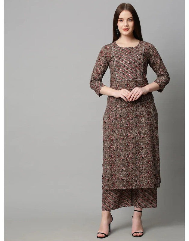 Women's Printed Brown Cotton Blend Kurta Pant Set - Navyaa