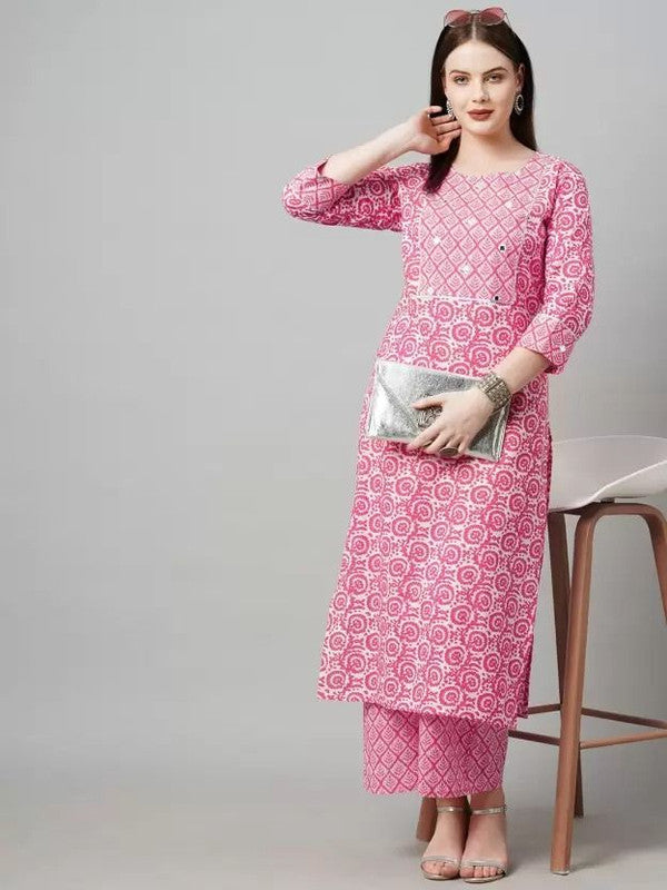 Women's Printed Pink Cotton Blend Kurta Pant Set - Navyaa