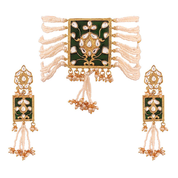 Women's gold plated traditiona padmavati pearl kundan necklace with earrings ml118bl - I Jewels