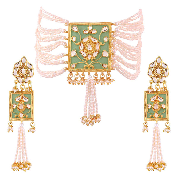 Women's gold plated traditiona padmavati pearl kundan necklace with earrings ml118bl - I Jewels