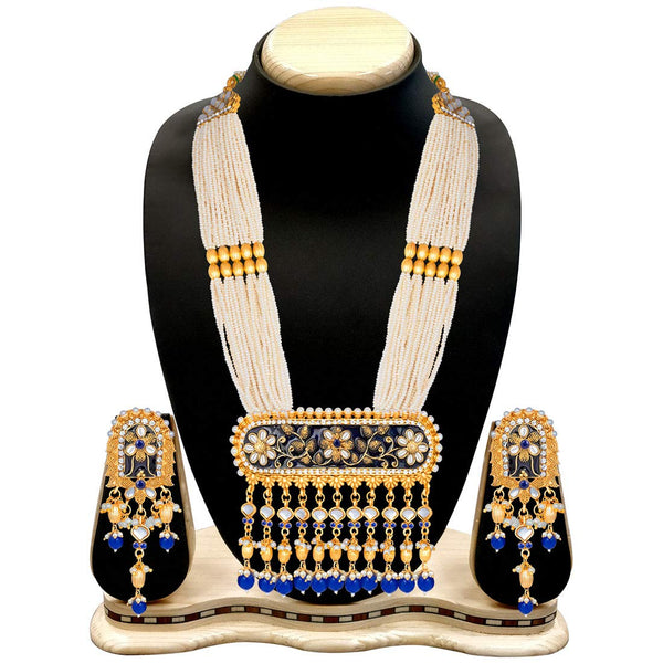 Women's traditional gold plated kundan pearl multi layered blue meena work longnecklace earrings set ml181bl - I Jewels