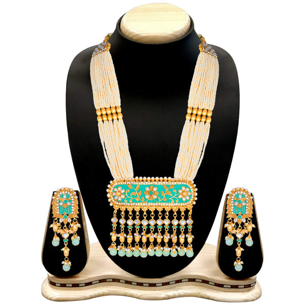 Women's traditional gold plated kundan pearl multi layered blue meena work longnecklace earrings set ml181bl - I Jewels