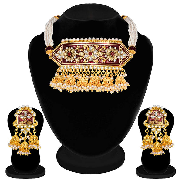 Women's traditiona lgold plated kundan pearl meena work choker jewellery set with jhumkis ml185g - I Jewels