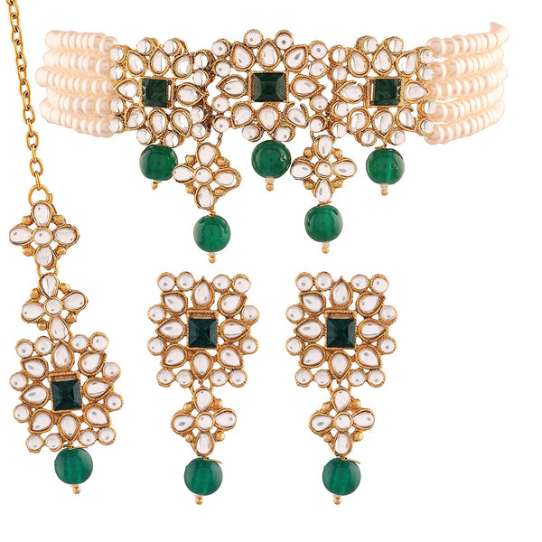 Women's Gold Plated White & Green Pearl & Kundan Studded Choker Necklace Set with Earrings & Maang Tikka - i jewels