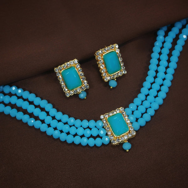 Women's  Gold Plated Traditional Handcrafted Turquoise Crystal Stone Beaded Choker Necklace Jewellery Set With Earrings - i jewels