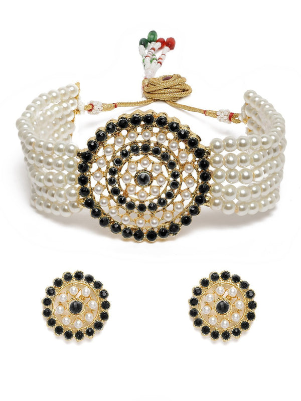 Women's Gold Plated White & Black Light Weight Pearl Beaded Choker Necklace Set - i jewels