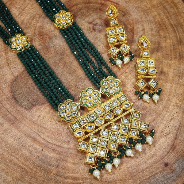 Women's Gold Plated Polki Kundan Brass Necklace Set With Earrings Emerald Crystal Onyx Long Mala - i jewels